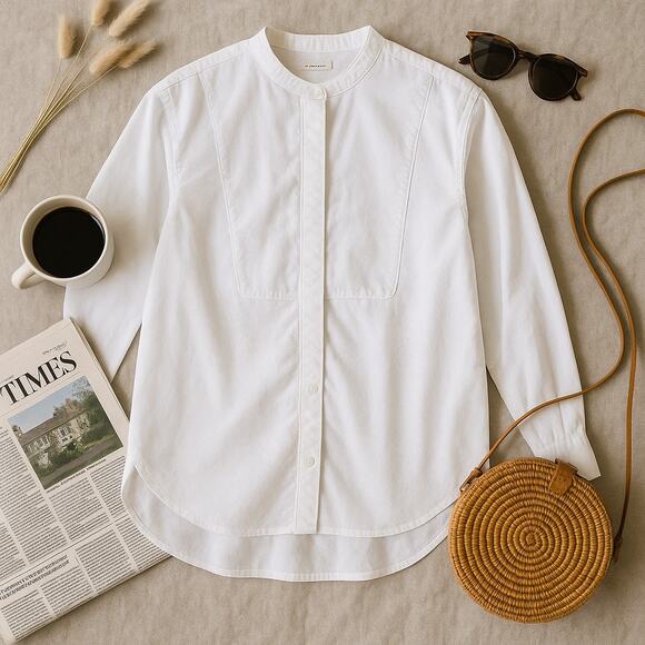 Good American Bib Front Mandarin Collar Dress Shirt White Cotton Work Womens 4 - Picture 1 of 6